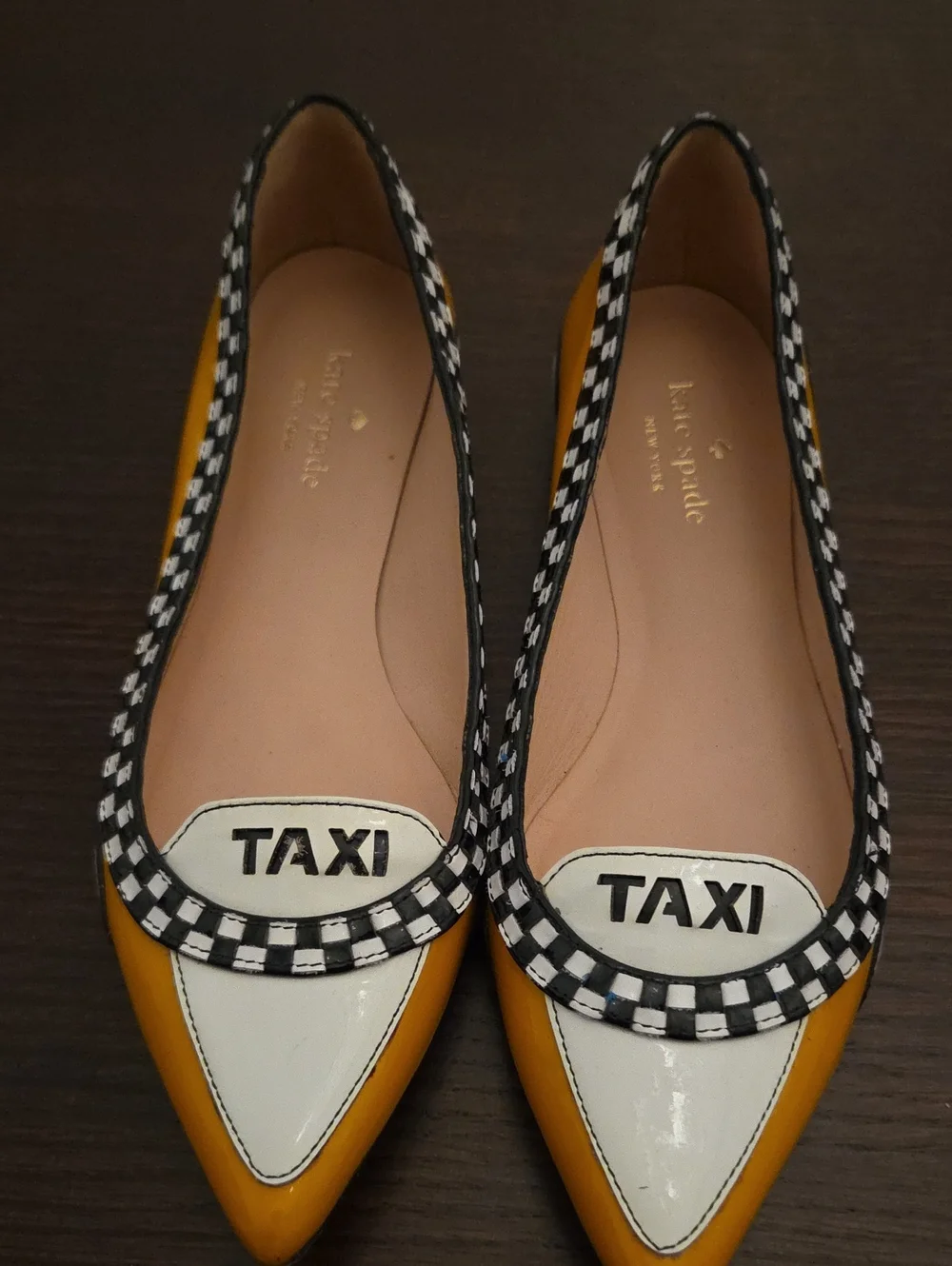 kate spade Yellow & White 'TAXI' Pointed Toe Flats with Check Trim